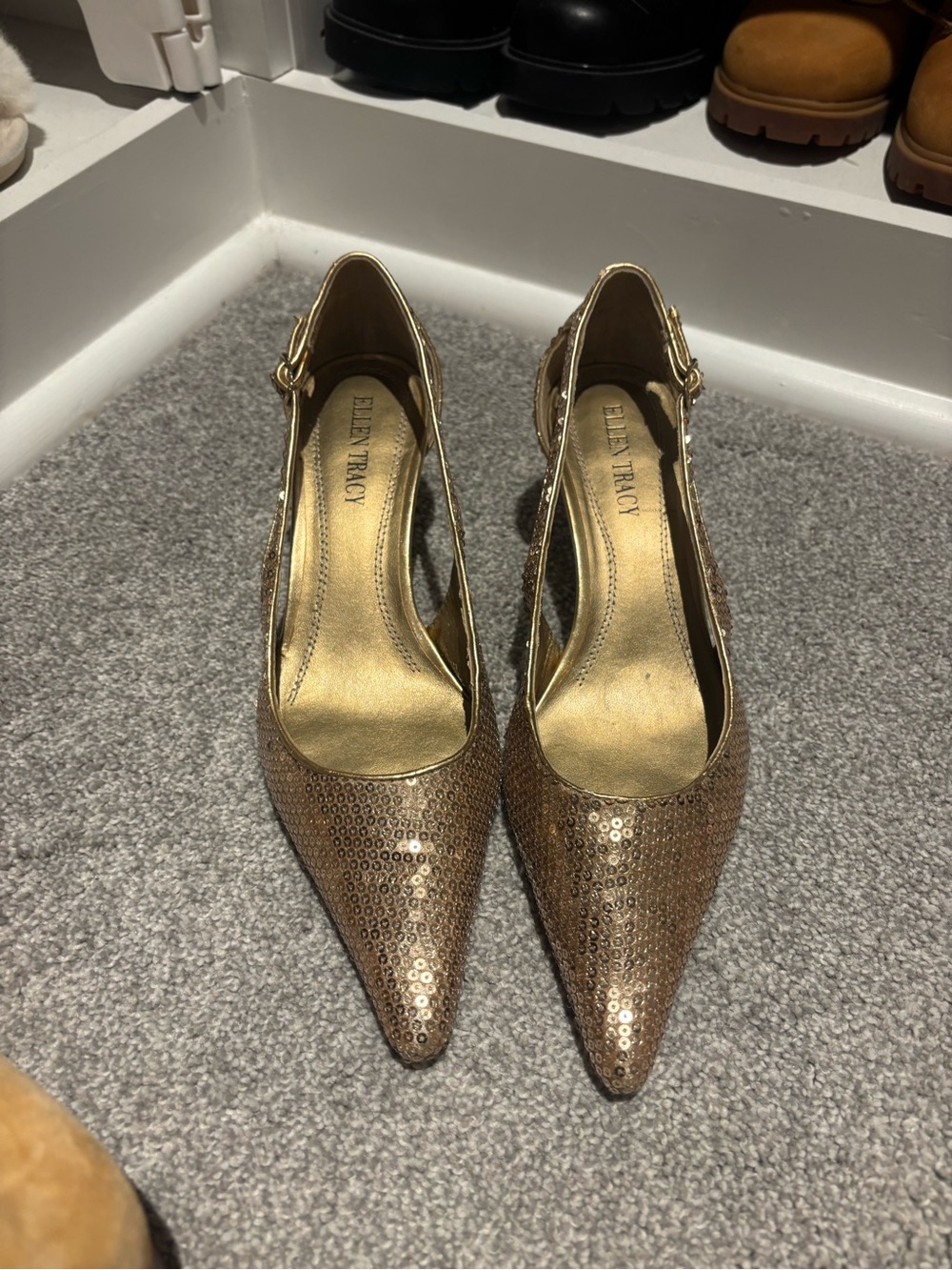 Ellen Tracy Gold Sequin Pointed Toe Slingback heels